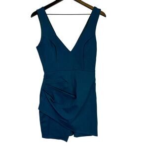 Super Down Wendy Surplice Mini Ruched VNeck Dress Teal Blue - XS